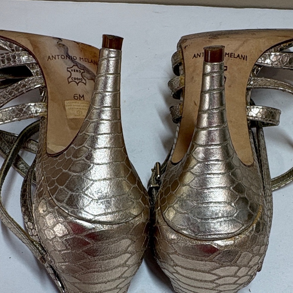 ANTONIO MELANI Gold Strappy Snake-Texture Leather Stiletto Sandals - Picture 8 of 14